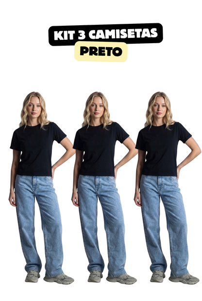Kit 3 Camisetas Feminina Essencial Manga Dobrada